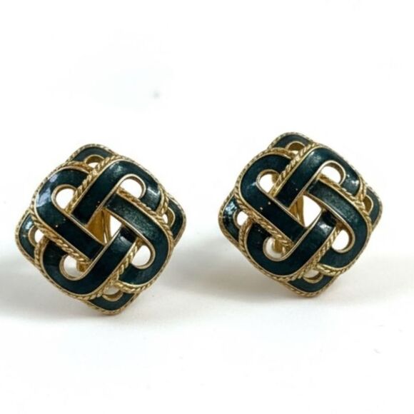 Vintage 1980s Dark Blue Enamel Knot Earrings Gold Tone Basket Weave Clip-On - Picture 1 of 6
